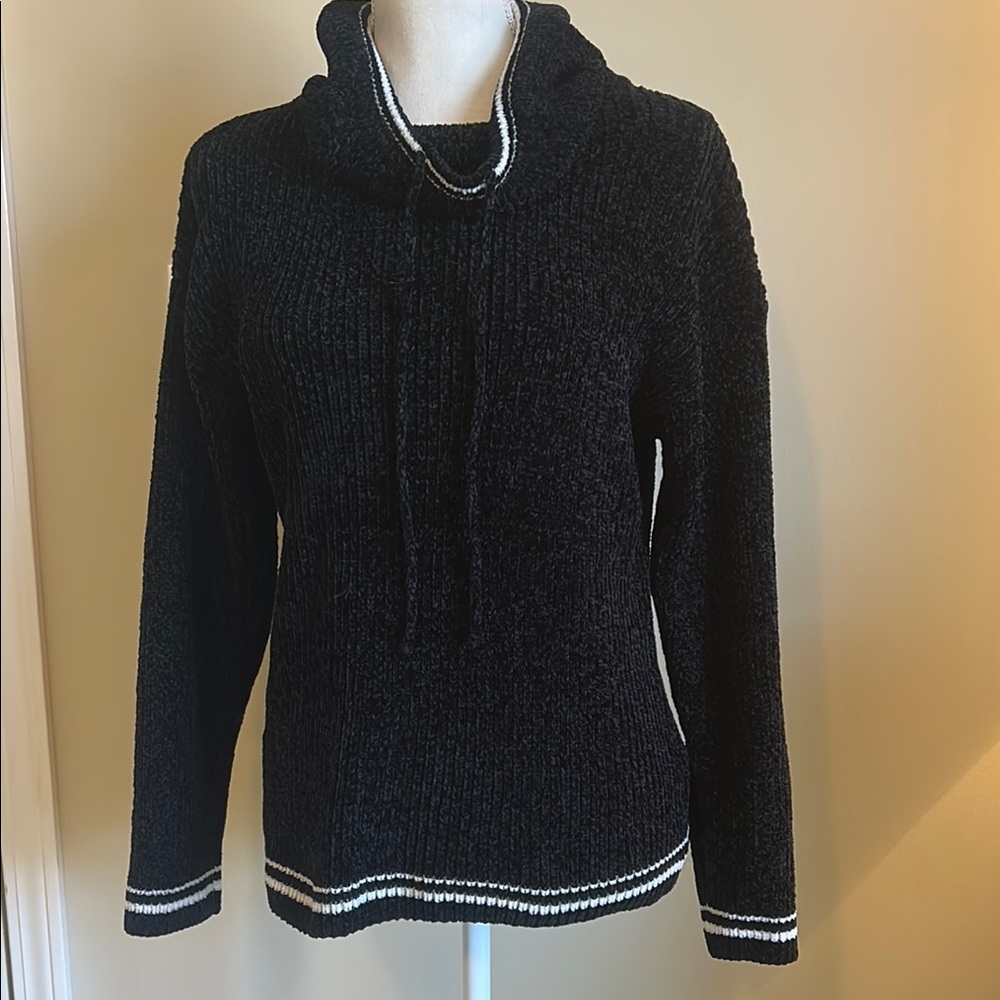 Black and White Cowl Neck Sweater with Textured Knit